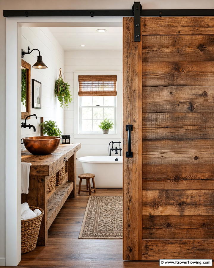 Textured Wood Pocket Door for Added Character - 20 Bathroom Pocket Door Ideas for Modern Homes