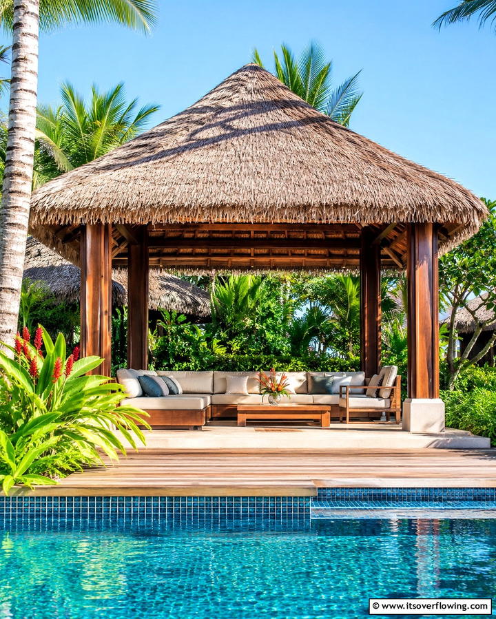 Thatched Roof Cabanas for Shade - 25 Tropical Pool Landscaping Ideas for a Resort Feel