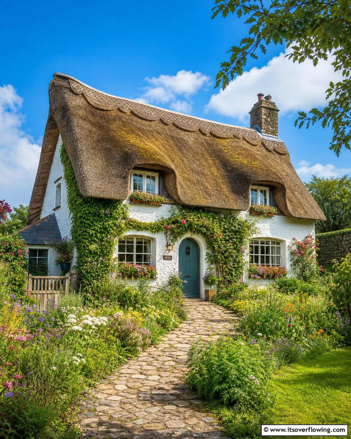 Thatched Roof Charm - 20 Charming Cottagecore House Exterior Ideas
