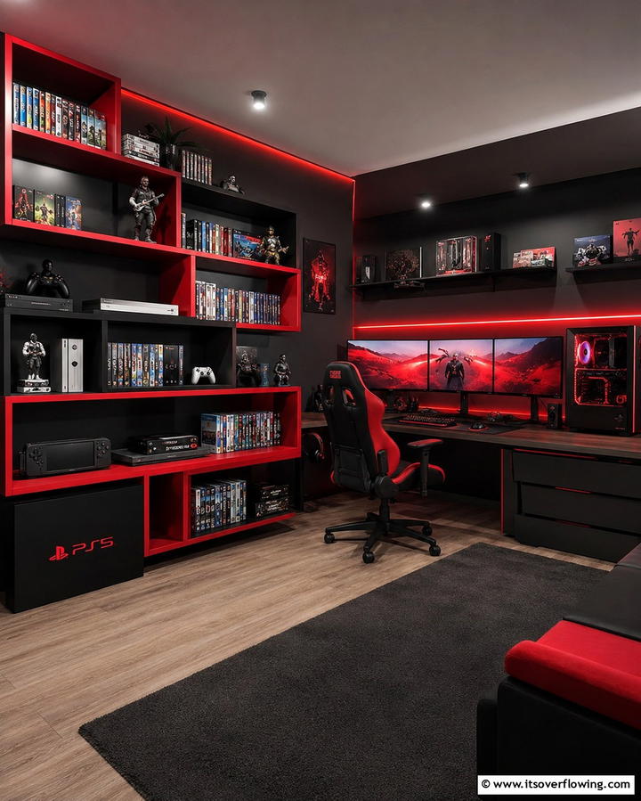 Themed Shelving Units - 25 Red and Black Gaming Setup Ideas for a Stylish Space