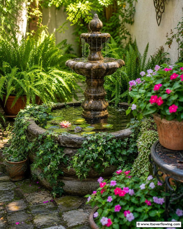 Thrifted Garden Fountain with Plants - 30 Budget Small Garden Ideas to Transform Outdoor Space