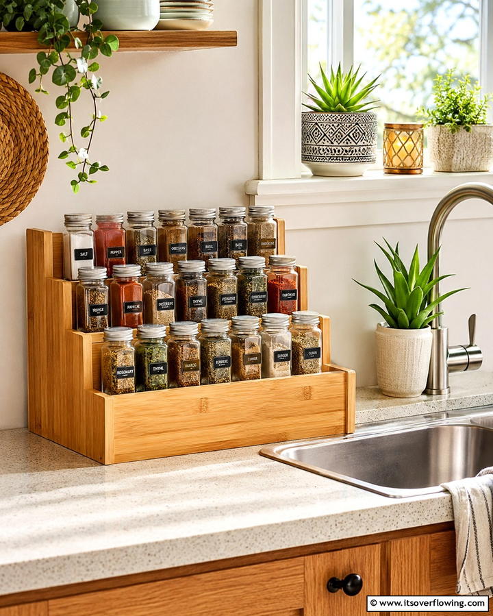 Tiered Bamboo Organizer - 25 Spice Rack Ideas to Organize Your Kitchen