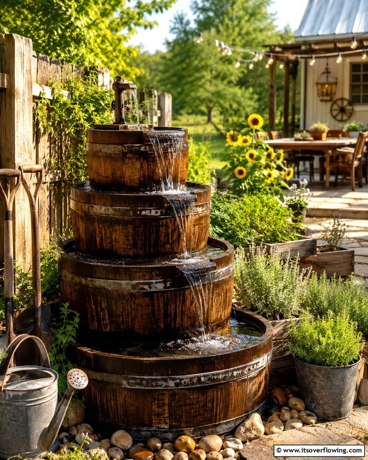 Tiered Barrel Fountain - 25 Backyard Fountain Ideas for a Serene Outdoor Space