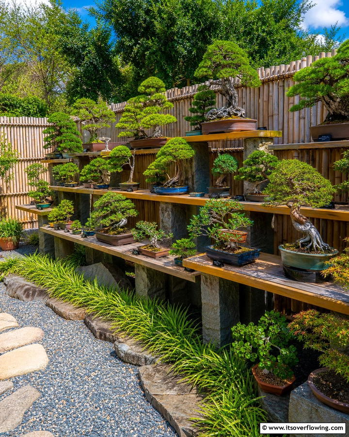 Tiered Bonsai Display - 20 Bonsai Garden Ideas- Miniature Landscapes