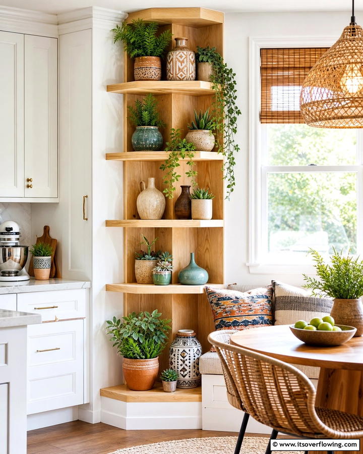 Tiered Corner Shelves for Decorative Displays - 25 Open Shelving Kitchen Ideas for a Modern Look