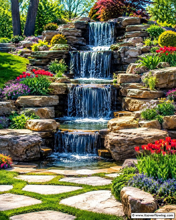 Tiered Rock Waterfall - 25 Pondless Waterfall Design Ideas for a Serene Backyard