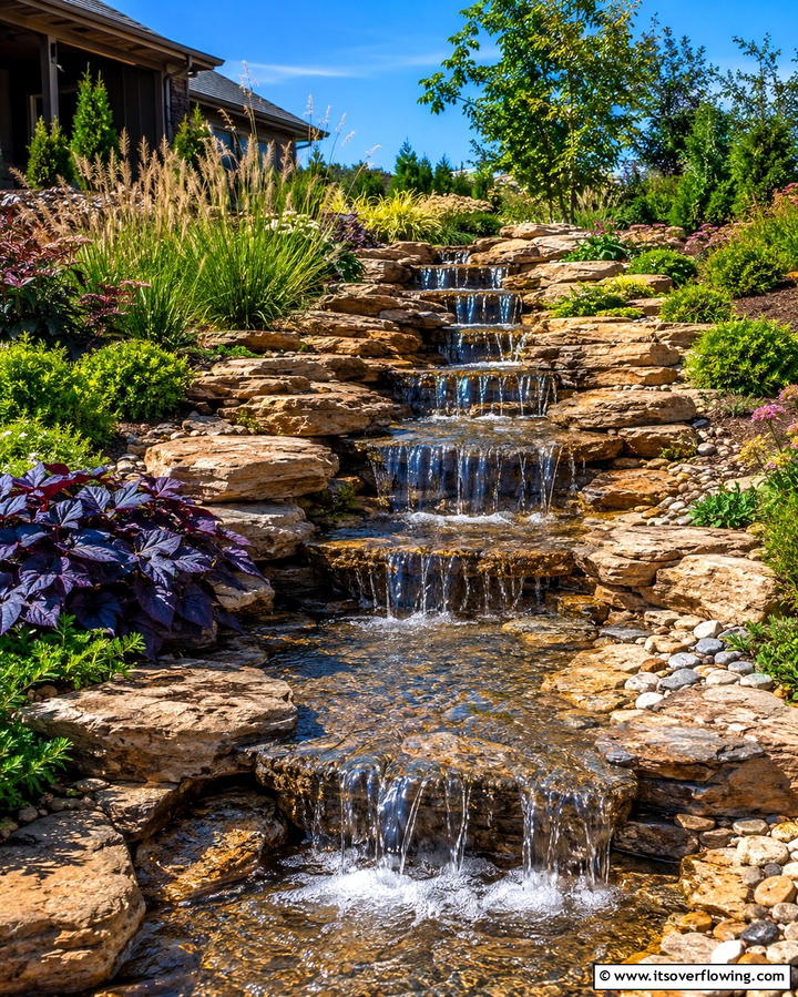 Tiered Stone Cascade - 25 Pondless Waterfall Design Ideas for a Serene Backyard