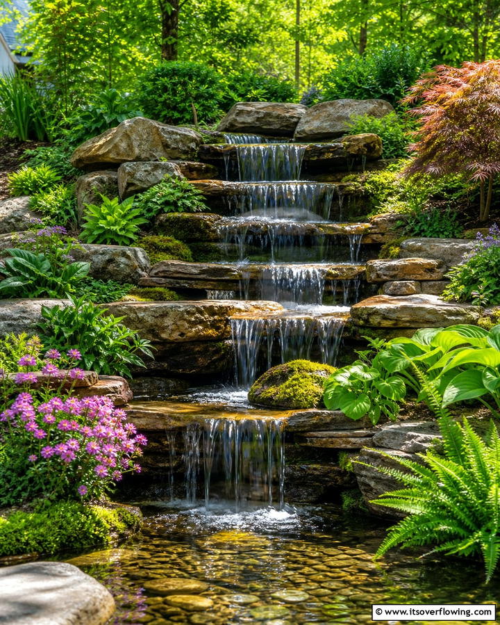 Tiered Stone Waterfall - 25 Backyard Waterfall Ideas for a Tranquil Retreat