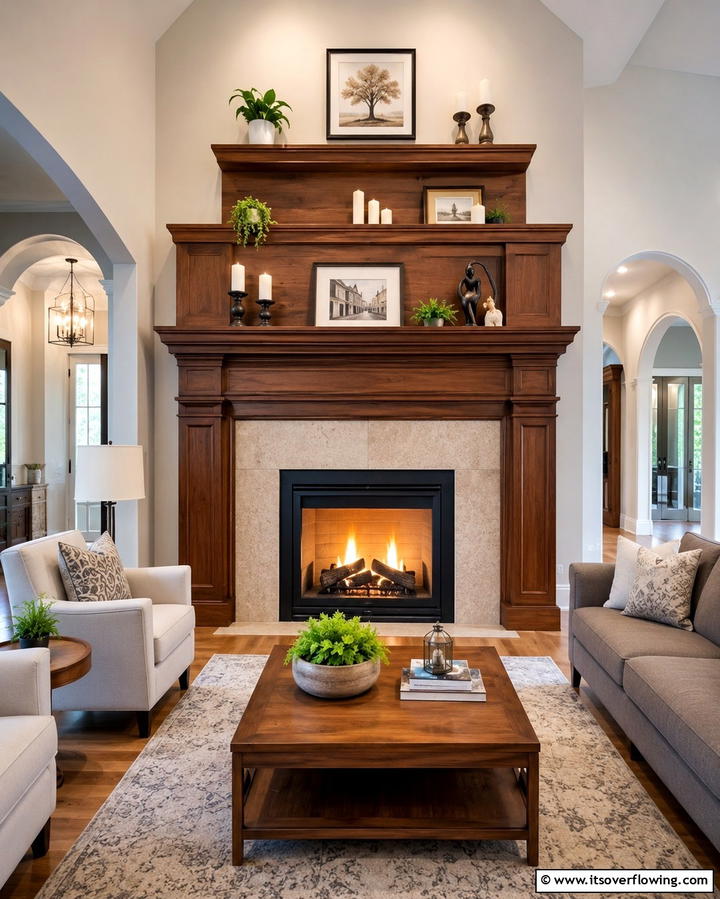 Tiered Wood Mantel - 20 Wood Mantel Ideas for a Cozy and Stylish Fireplace