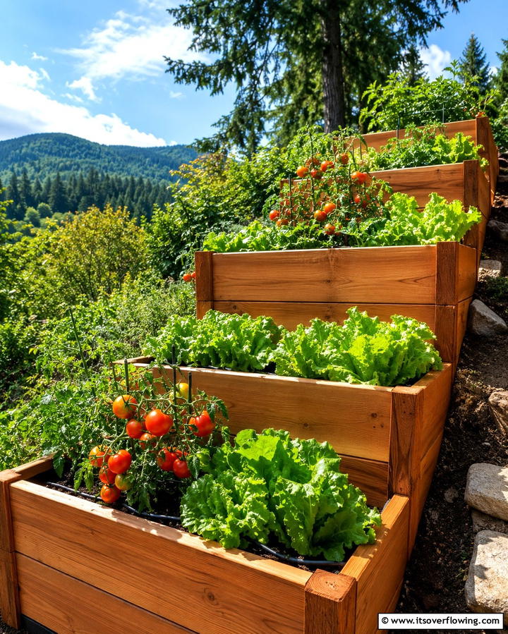 Tiered Wooden Planter Boxes - 25 Terraced Garden Ideas for Sloped Landscapes