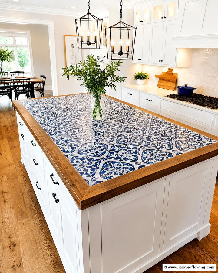 Tile Inlay Countertop - 25 Farmhouse Kitchen Island Ideas for Rustic Charm