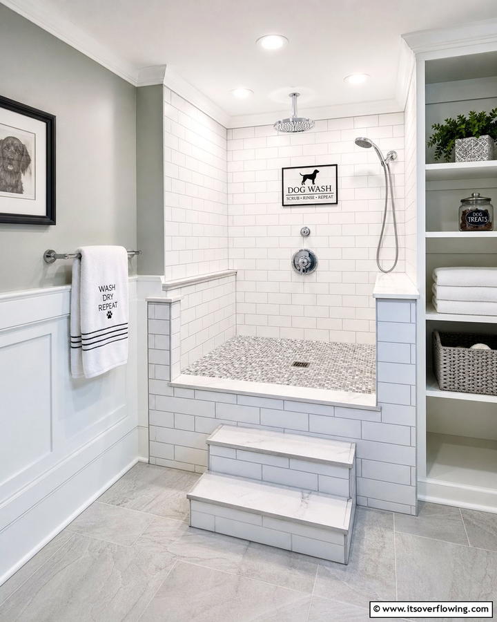Tile Lined Dog Wash Station with Built In Steps - 20 Dog Wash Station Ideas for a Clean and Happy Pet
