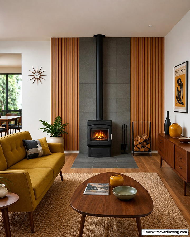 Tile and Wood Combination - 30 Cozy Wood Stove Surround Design Inspirations
