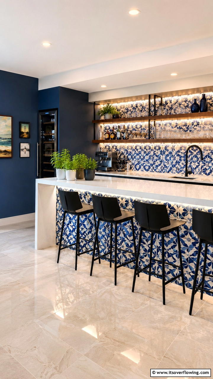 Tiled Backsplash Bar - 30 Budget-Friendly Home Bar Ideas for Entertaining