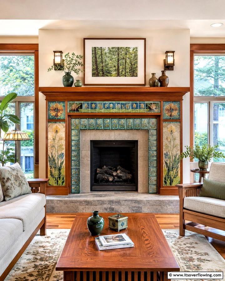 Tiled Fireplace Surround with Intricate Patterns - 25 Craftsman-style Fireplace Ideas- Classic & Elegant Designs