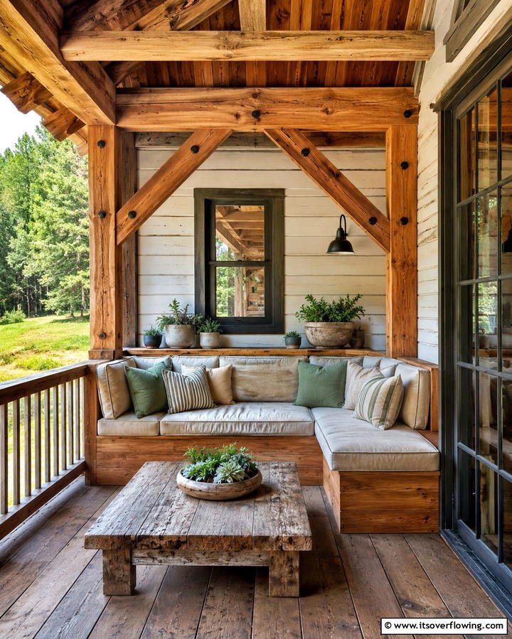 Timber Framed Seating Nook - 30 Rustic Front Porch Ideas for a Welcoming Entryway