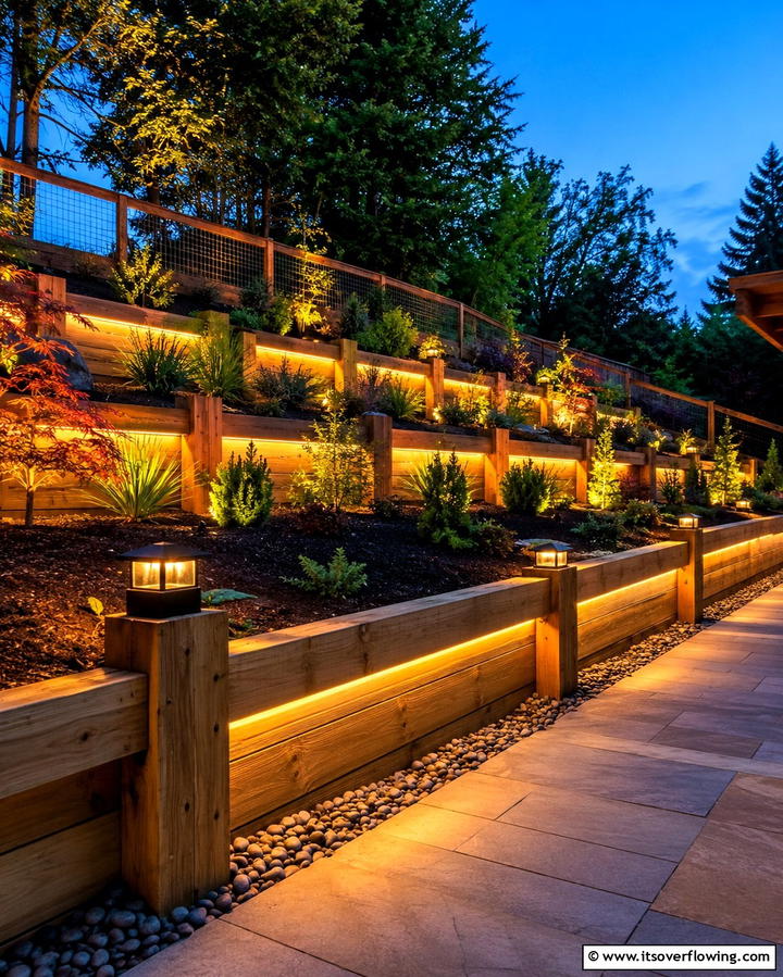 Timber Retaining Walls with Lighting - 20 Durable Wood Retaining Wall Ideas for Your Yard