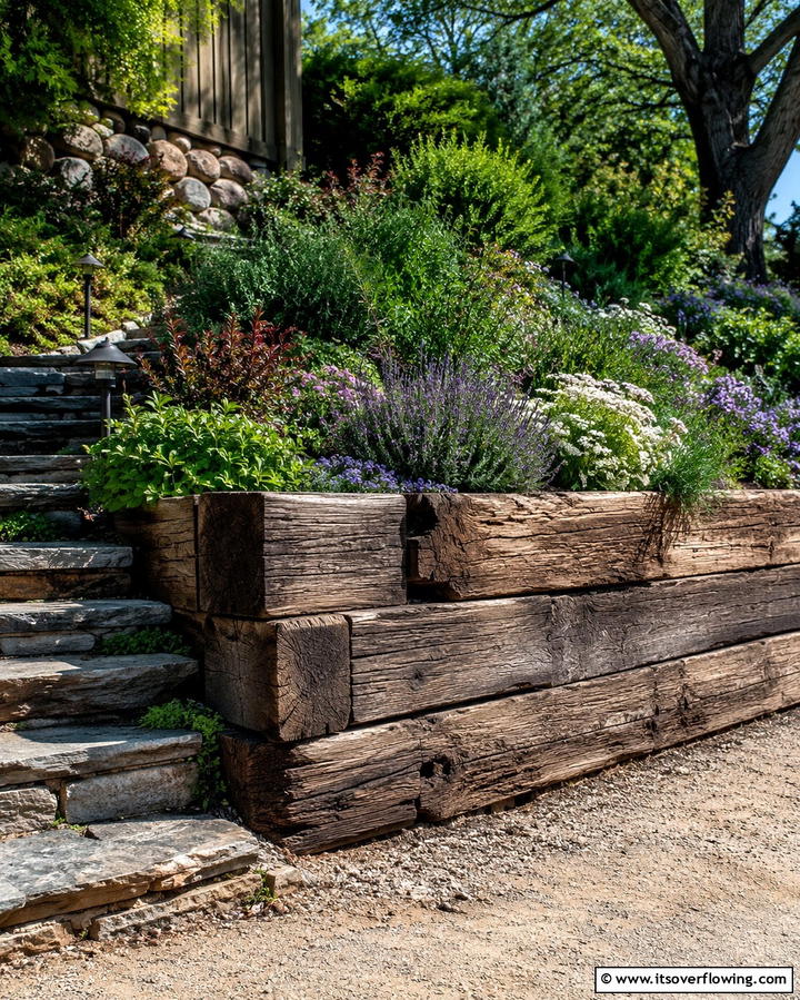 Timber Sleepers for Rustic Charm - 25 Low Maintenance Garden Border Ideas for Easy Landscaping