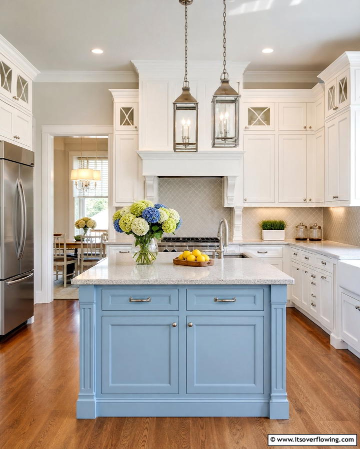 Timeless Appeal with White Cabinets and Powder Blue Island - 25 White Kitchen Cabinets With Blue Island Ideas