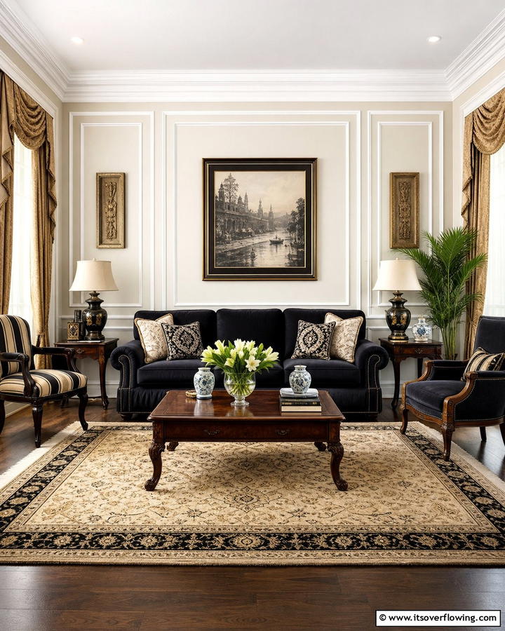 Timeless Black Couch in a Classic Setting - 21 Chic Black Couch Living Room Styling Inspirations