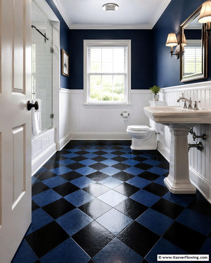 Timeless Black and Blue Checkerboard Flooring - 30 Striking Black and Blue Bathroom Ideas for Dramatic Flair