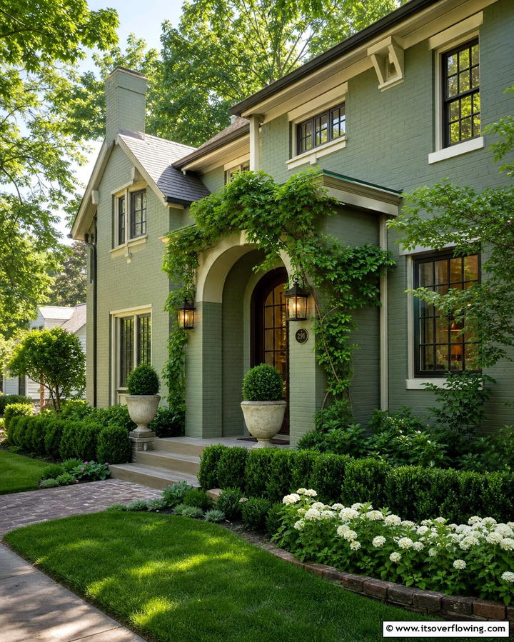 Timeless Charm with a Sage Green Facade - 25 Sage Green Painted Brick House Ideas for a Fresh Look