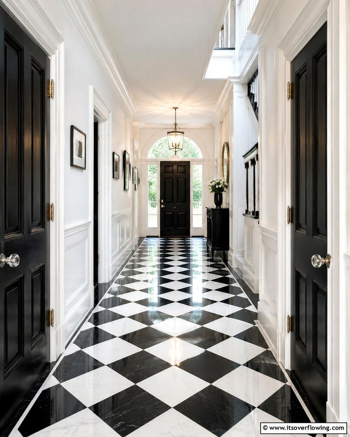 Timeless Checkerboard - 30 Chic Black and White Hallway Ideas for Timeless Elegance