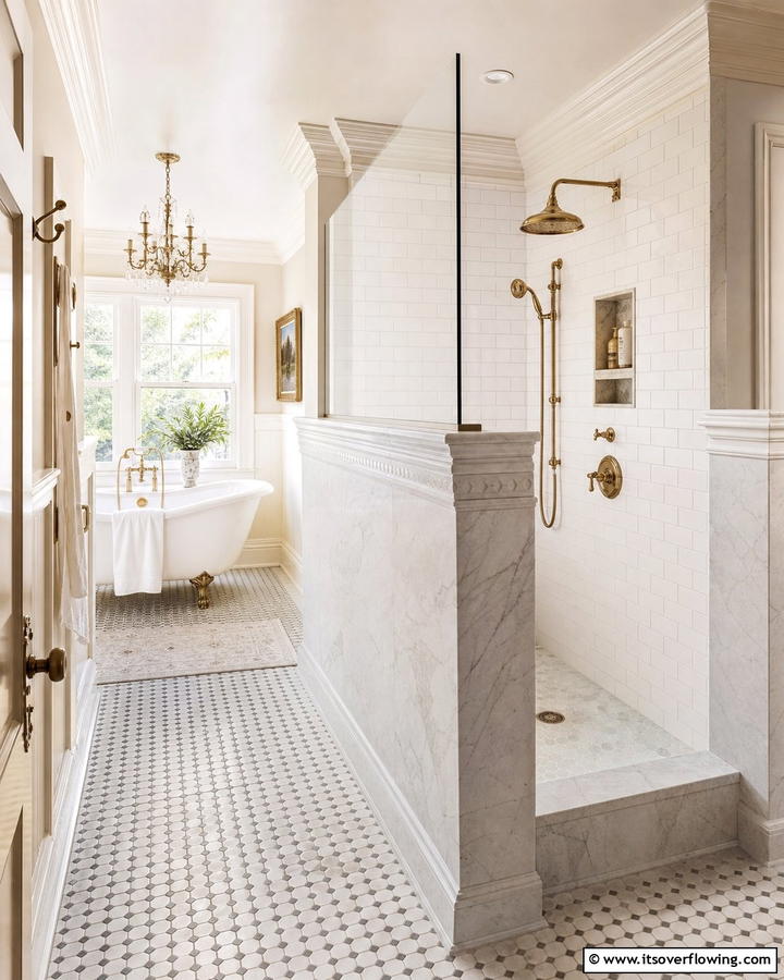 Timeless Classic Design - 30 Half-Wall Shower Ideas- Sleek Bathroom Design Solutions