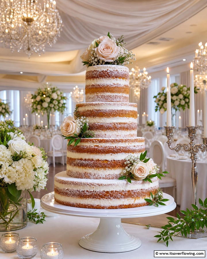 Timeless Classic Semi Naked Cake - 21 Naked Wedding Cake Ideas for Minimalist Elegance