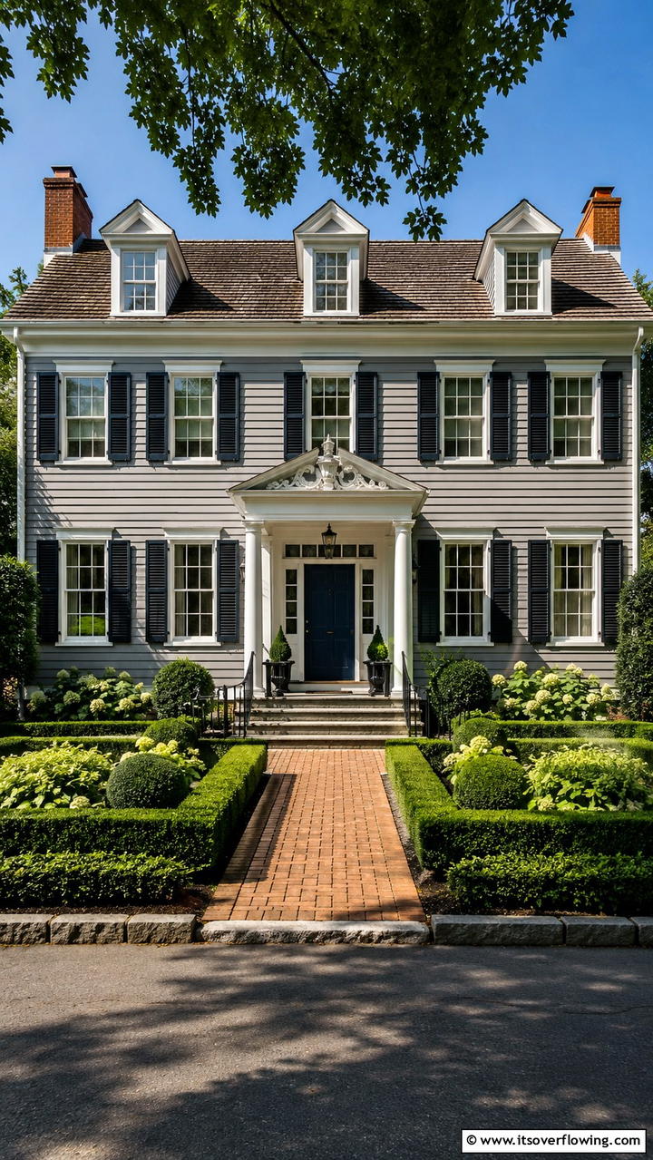 Timeless Colonial Look - 30 Grey House With Blue Door Ideas- Charming Curb Appeal