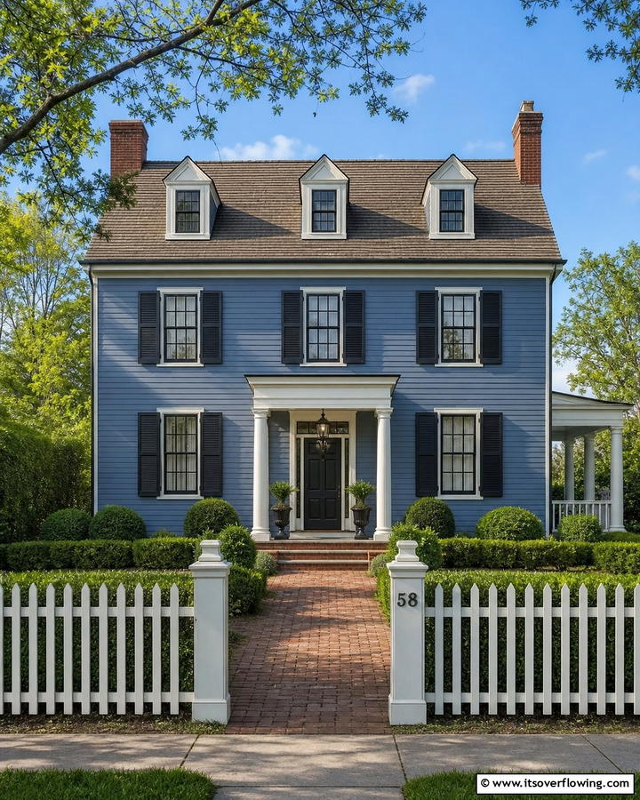 Timeless Colonial Revival - 25 Blue House With Black Trim Ideas for a Striking Exterior