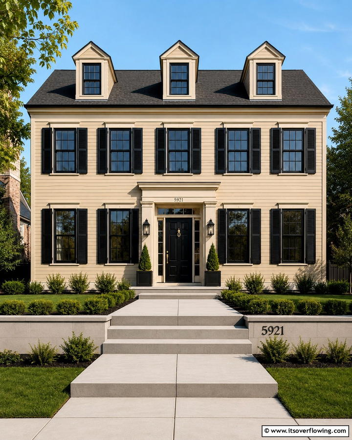 Timeless Colonial Revival - 25 Tan House With Black Trim Design Ideas for Elegance