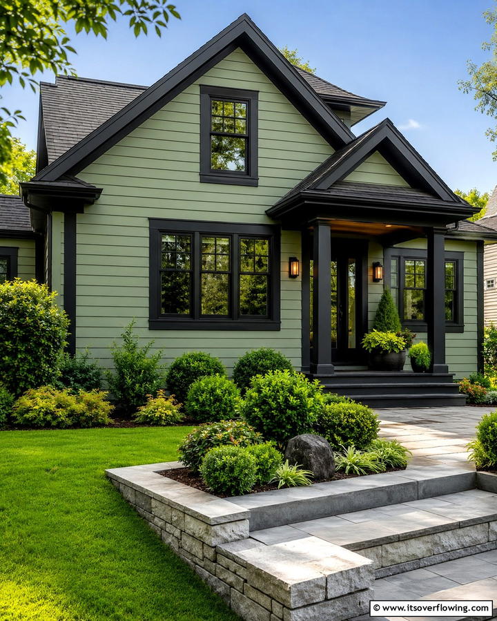Timeless Contrast Between Green and Black - 25 Green House Exterior With Black Trim Ideas