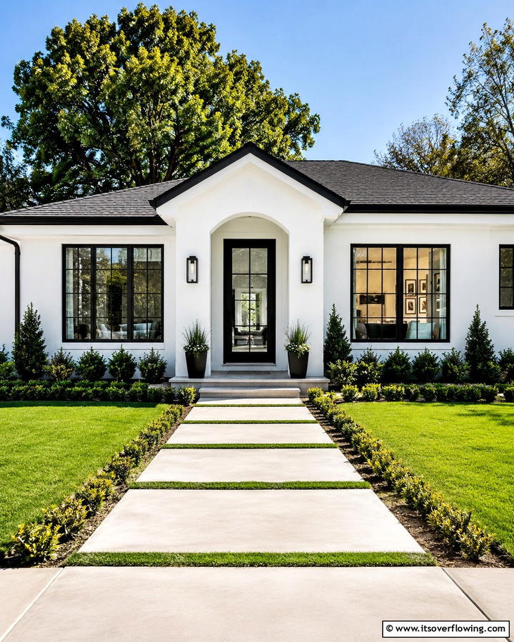 Timeless Contrast White Walls with Black Window Frames - 30 Single-Story White House Black Trim Exterior Inspirations