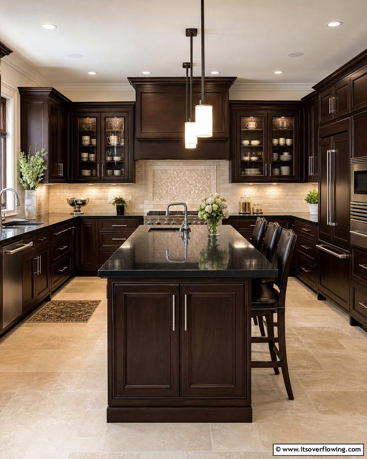 Timeless Contrast with Espresso Cabinets - 25 Brown Kitchen Cabinets With Black Countertops