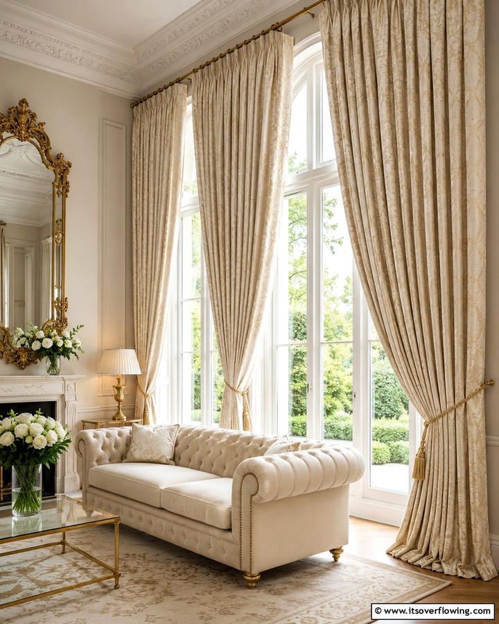 Timeless Cream and Gold Textured Curtains - 30 Elegant Cream & Gold Living Room Themes for Luxe Interiors