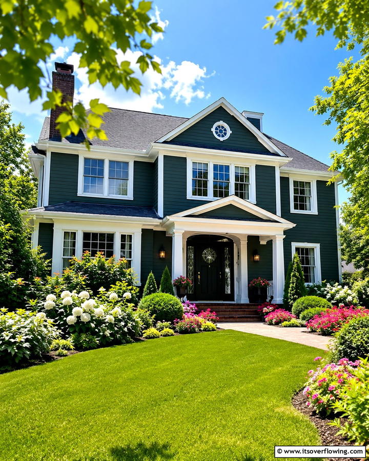 Timeless Dark Green with White Trim - 30 Stunning Dark Green Exterior House Designs for Curb Appeal