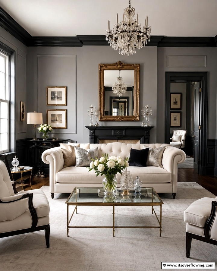 Timeless Elegance - 30 Living Room Grey Walls & Black Trim- Bold Contrast Ideas