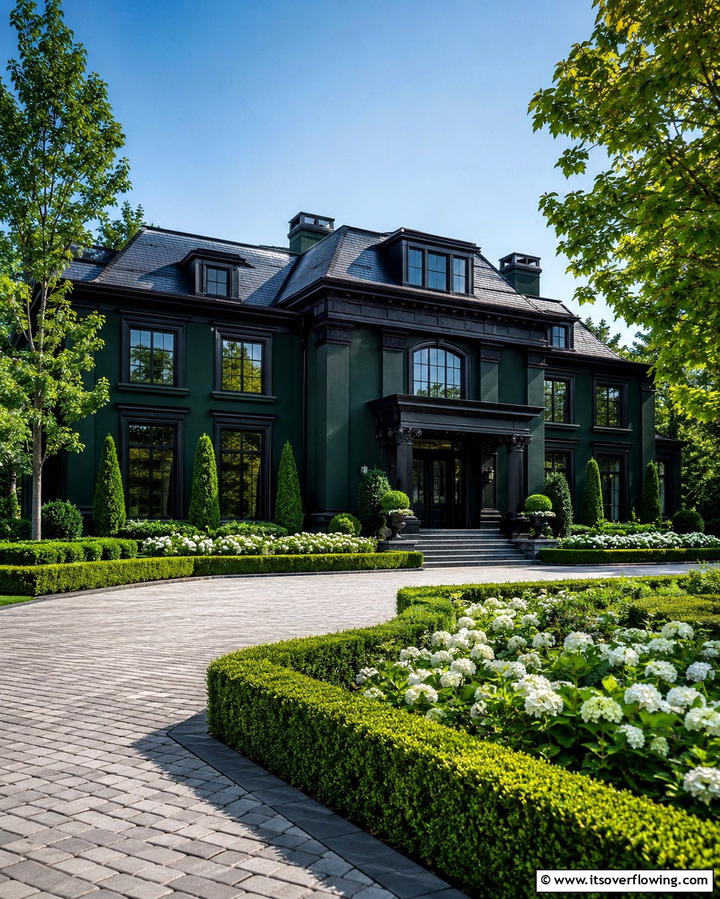 Timeless Elegance in Forest Green and Black - 25 Forest Green House With Black Trim Ideas- Bold & Modern