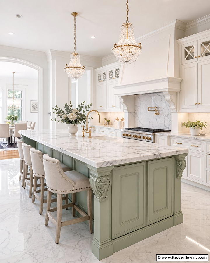 Timeless Elegance with Marble Countertops - 20 Sage Green Kitchen Island Ideas for a Fresh Look