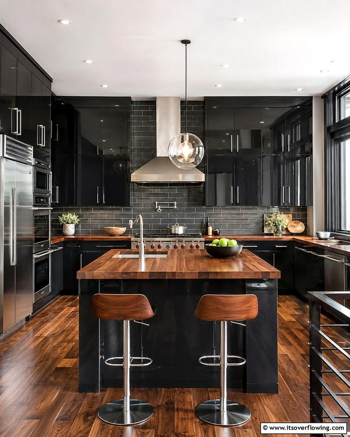 Timeless Elegance with a Touch of Drama - 25 Kitchen With Black Cabinets And Wood Countertops Ideas