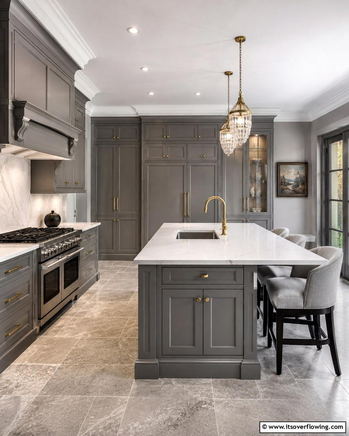 Timeless Grey Kitchen with Custom Cabinets - 30 Kitchens with Grey Floors- Sleek & Modern Flooring Ideas