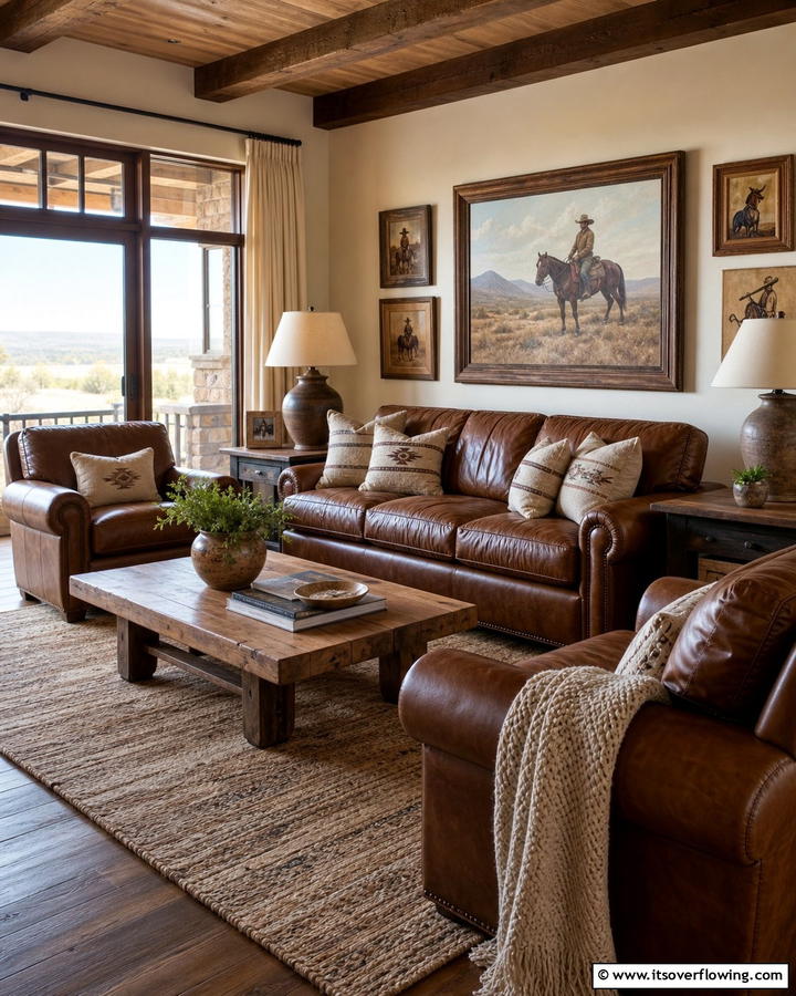 Timeless Leather Lounge - 30 Western Living Room Ideas for Cozy Rustic Ambiance