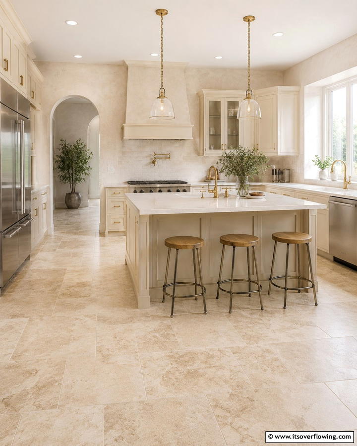 Timeless Neutral Palette - 25 Travertine Floor Kitchen Ideas for Elegance
