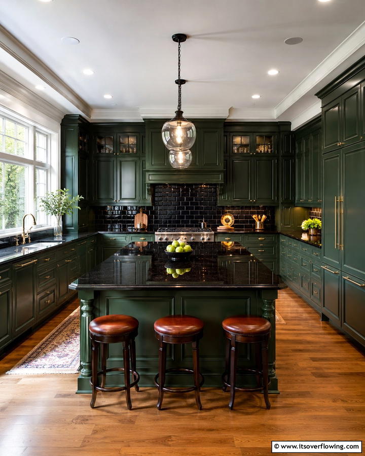 Timeless Sage Green Cabinets with Sleek Black Counters - 30 Green Kitchen Cabinets & Black Countertops Pairing Ideas