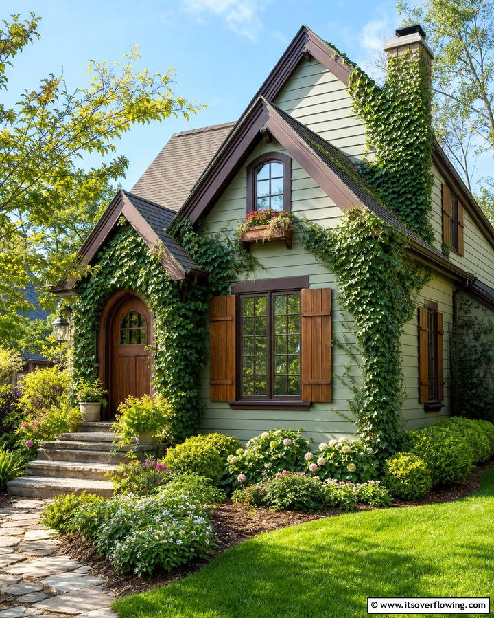 Timeless Sage Green Cottage with Wooden Accents - 25 Sage Green House With Brown Trim Ideas for Curb Appeal
