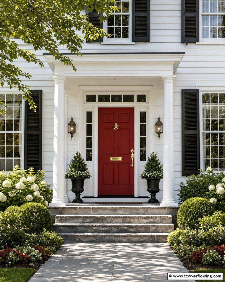 Timeless Simplicity with Dark Red and White Trim - 25 Dark Red Front Door Ideas for a Bold Entrance