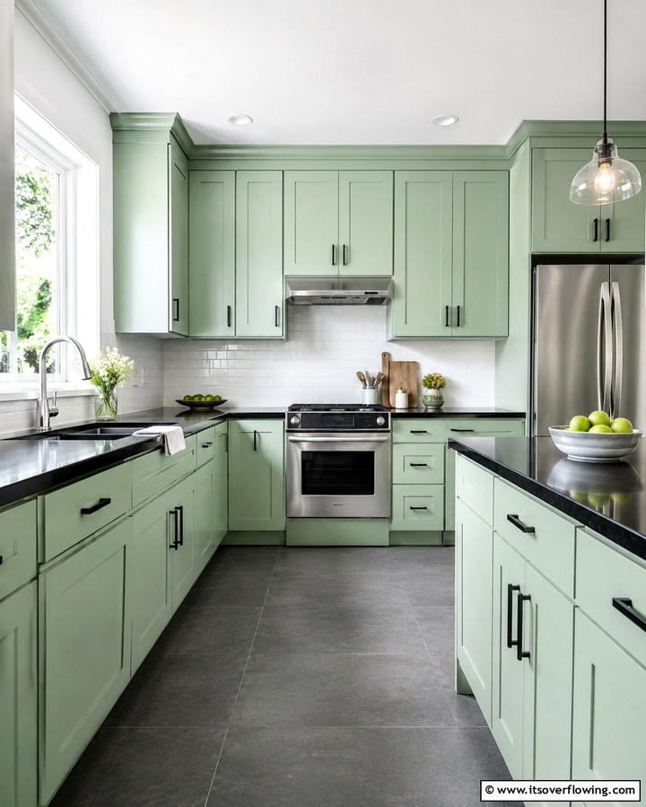 Timeless Traditional - 30 Green Kitchen Cabinets & Black Countertops Pairing Ideas