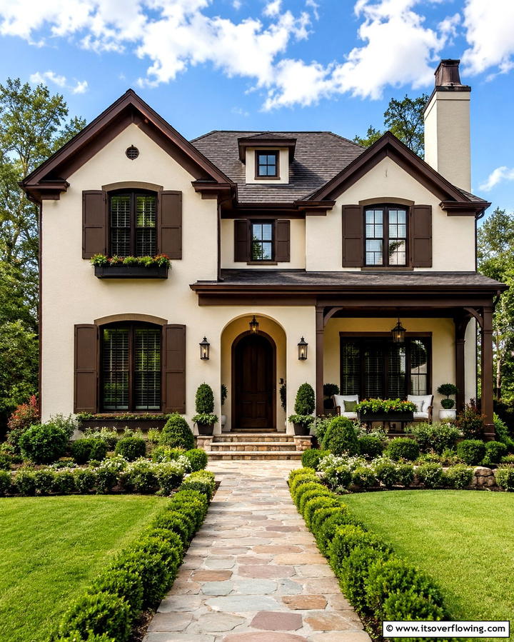 Timeless Two Tone Facade with Cream and Brown - 25 Cream and Brown House Exterior Ideas for Warmth