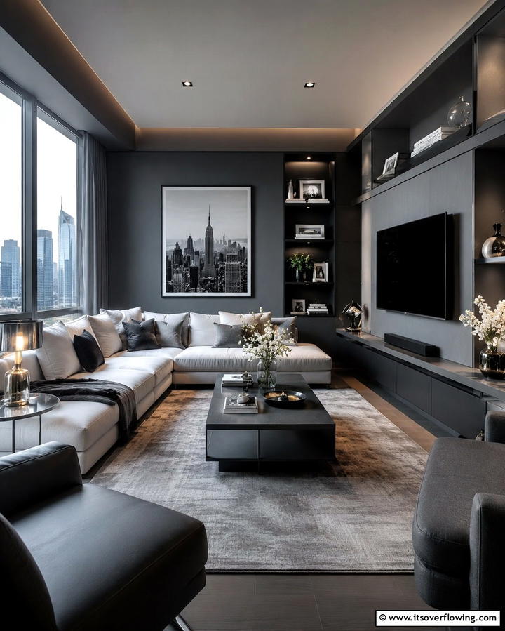 Timeless Urban Retreat - 30 Striking Contrasting Living Rooms Featuring Dark Grey Walls